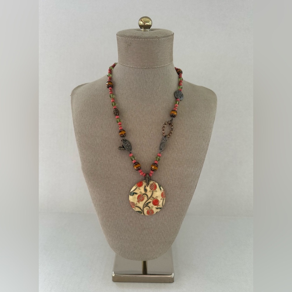 Bohemian Necklace with Oval Ceramic Floral Pendant